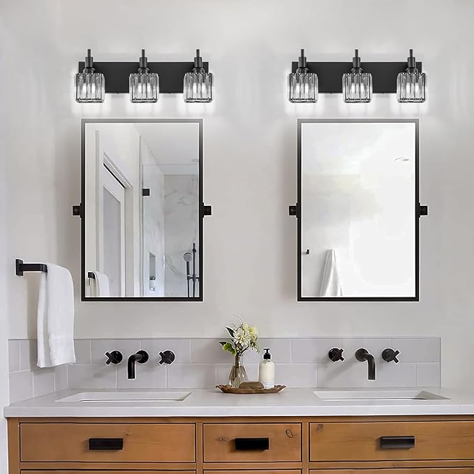 Black Crystal Bathroom Vanity Light 3-Light Modern Bathroom Lighting Fixtures Over Mirror, Black Wall Sconce Light Fixtures with Square Shade