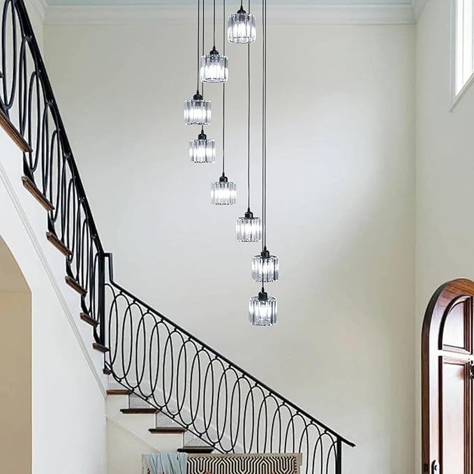 High Ceiling Long Pendant Light Fixtures Modern Crystal Hanging Chandeliers Flush Mount Ceiling Light for Spiral Staircase Entryway Foyer, Black (8-Lights)
