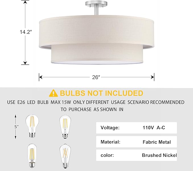 6 Lights 26 Inch Semi Flush Mount Close to Ceiling Light Fixture,Cream Fabric Shade Brushed Nickel Finish for Bedroom,Living Room,Dining Room Hallway