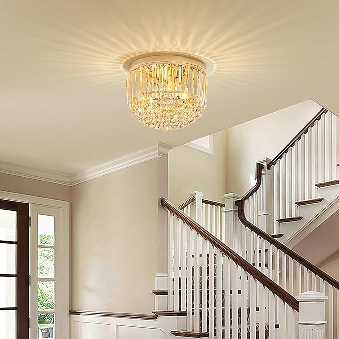 YMP&YZX Modern 3-Lights Crystal Chandelier French Gold,11.8" Semi Flush Mount Crystal Ceiling Light LED Round Chandelier Light E12 Base for Bedroom Living Room
