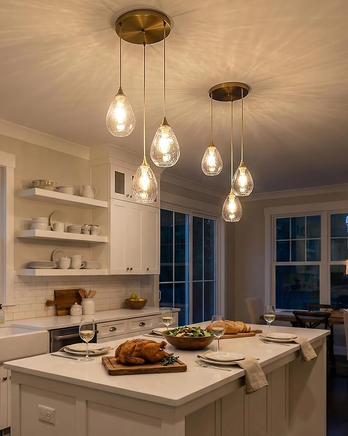 Brushed Gold 3-Light Pendant Lighting, Modern Dining Room Light Fixture Over Table with Hammered Glass, Cluster Hanging Lights for Kitchen Island Dining Room