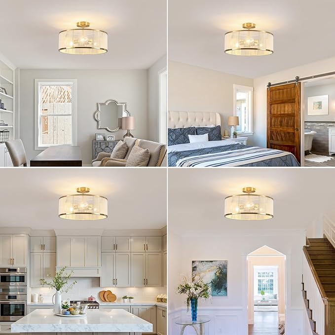 17.3" Boho Gold Semi Flush Mount Ceiling Light Modern Fixtures Ceiling Mount with Hand-Woven Rope Shade 3-Light Drum Lighting Fixtures Close to Ceiling Light for Bedroom Living Room Hallway Kitchen