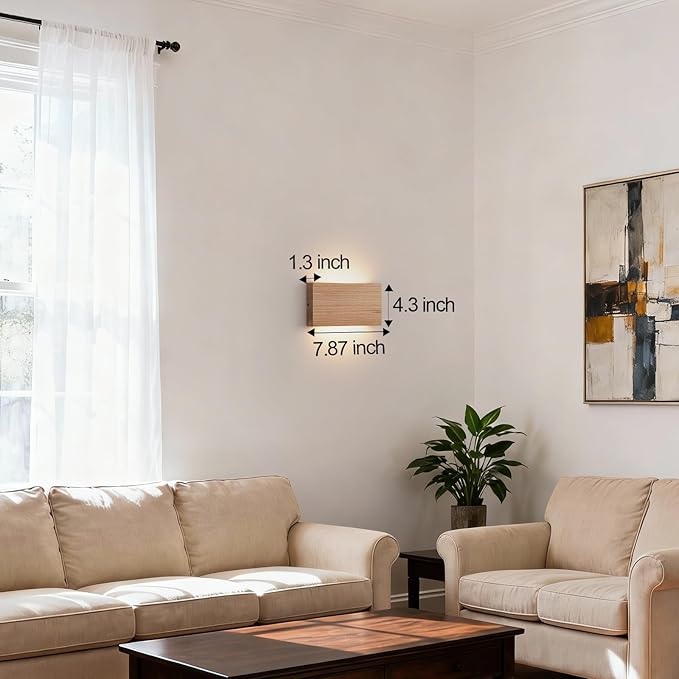 Wood Wall Sconce Indoor Wall Lights Hardwired 1 Pack Up and Down Wall Mount Light for Living Room Bedroom Hallway Corridor Conservatory Cool White 3000K(with led 4000K and 6000k)