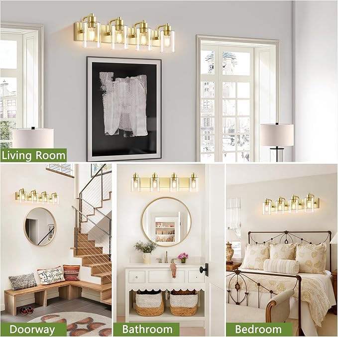 Dpyrrhic Gold Bathroom Light Fixtures,Gold Vanity Light Wall Sconces,4-Light Bathroom Lights Over Mirror with Clear Glass Shade for Kitchen Living Room Bedroom