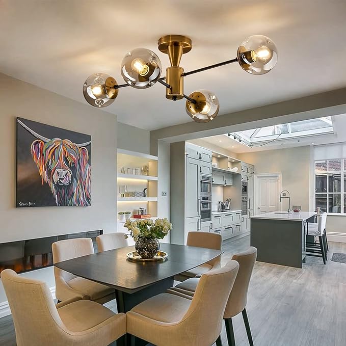 hesoge Modern Semi Flush Mount Ceiling Light Fixture, 4-Light Gold Mid Century Chandelier with Glass Globe,Ceiling Lighting for Dinning Room Farmhouse Kitchen Bedroom Living Room.