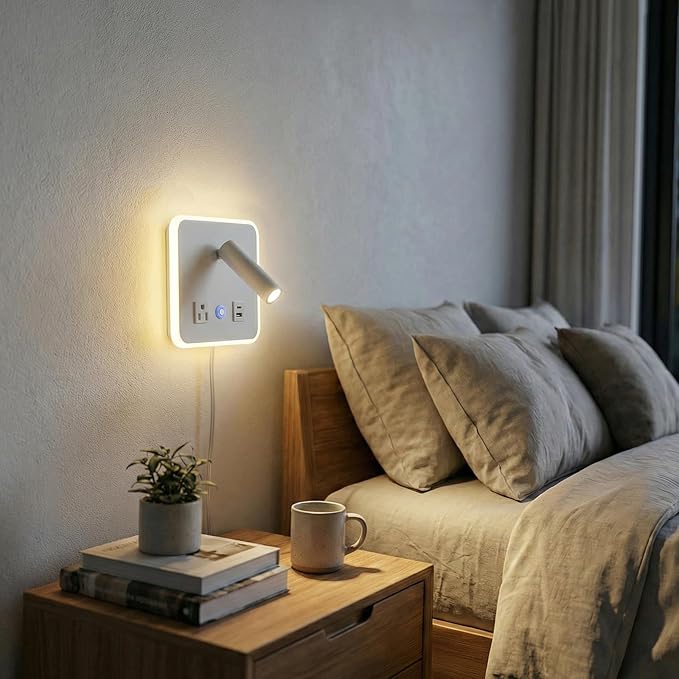LED Wall Lamp Dimming Wall Mounted Reading Lights, Adjustable Headboard Plug in Wall Sconce with USB+USB C Ports, Headboard Bedside Lamp with 6W+3W Night Light 3000K (White)