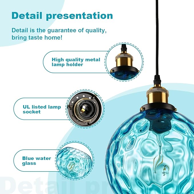 Blue Globe Glass Plug in Pendant Light Mid Century Modern Hanging Ceiling Light Fixture 14.75FT Black Plug in Chandelier Lighting for Bedroom Living Room Dining Room, Corner Light Fixtures