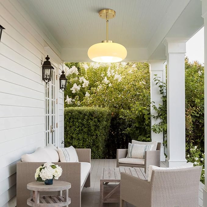 Yunnix Semi Flush Mount Ceiling Light, Gold Light Fixture, Mid-Century Modern Farmhouse Milk Glass Small Light Fixtures for Hallway, Bathroom, Kitchen, Bedroom, Living Room, Closet, Laundry