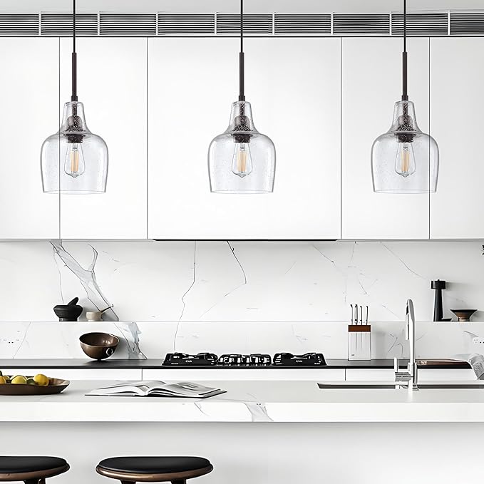 3 Pack 1 Light Indoor Hanging Kitchen Island Pendant Ceiling Light 6.1" Clear Seeded Glass Fixture,Oil Rubbed Bronze Finish for Farmhouse Over Sink Bedroom Hallway