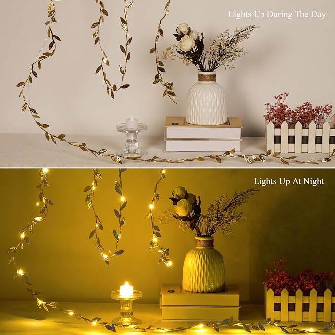 AdasBridal 6.56ft Gold Leaf String Lights 20 LED Fairy Lights Battery Operated Artificial Plant Vine Light for Wedding Birthday Party Decoration Indoor Outdoor Table Decor DIY Crafts, 2pcs