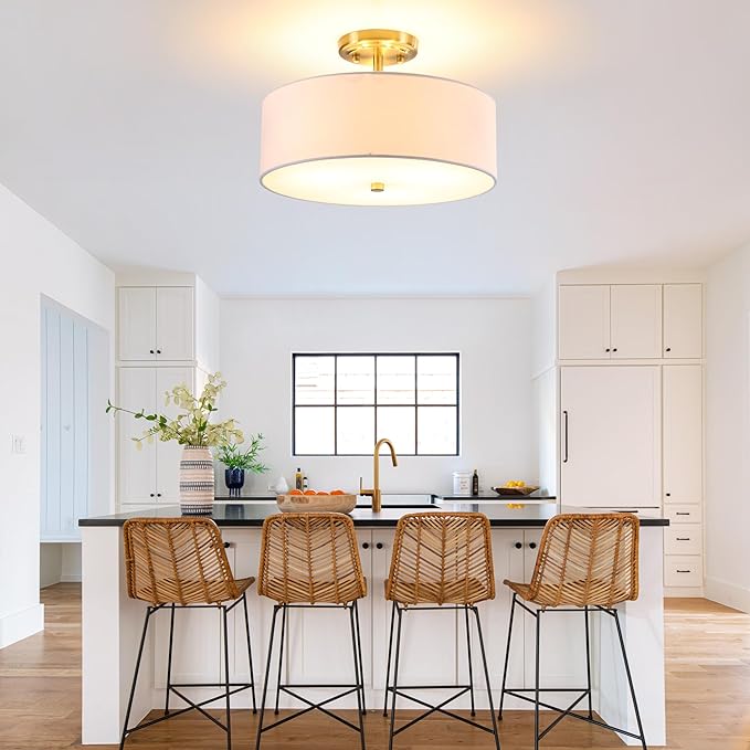 13.8 Inch Semi Flush Mount Ceiling Light Fixture, 3-Light Modern Farmhouse Drum Pendant with Fabric Shade for Bedroom Hallway Entryway Living Room (White+Brushed Bronze)