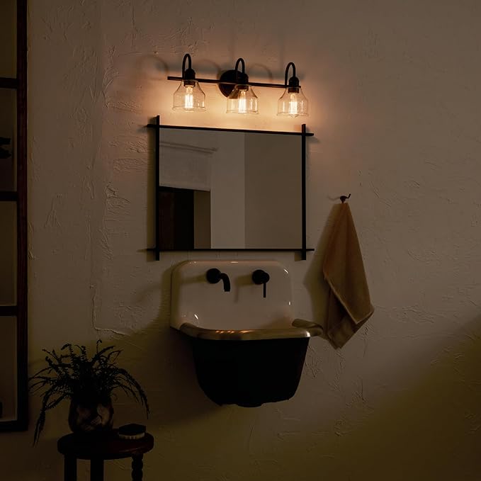 Kichler Avery 24" 3-Light Bathroom Vanity Light Fixture with Clear Seeded Glass in Black for Modern Industrial Farmhouse Style, Wall Mount Over Mirror (24" x 9.5" x 8.25"), 45973BK