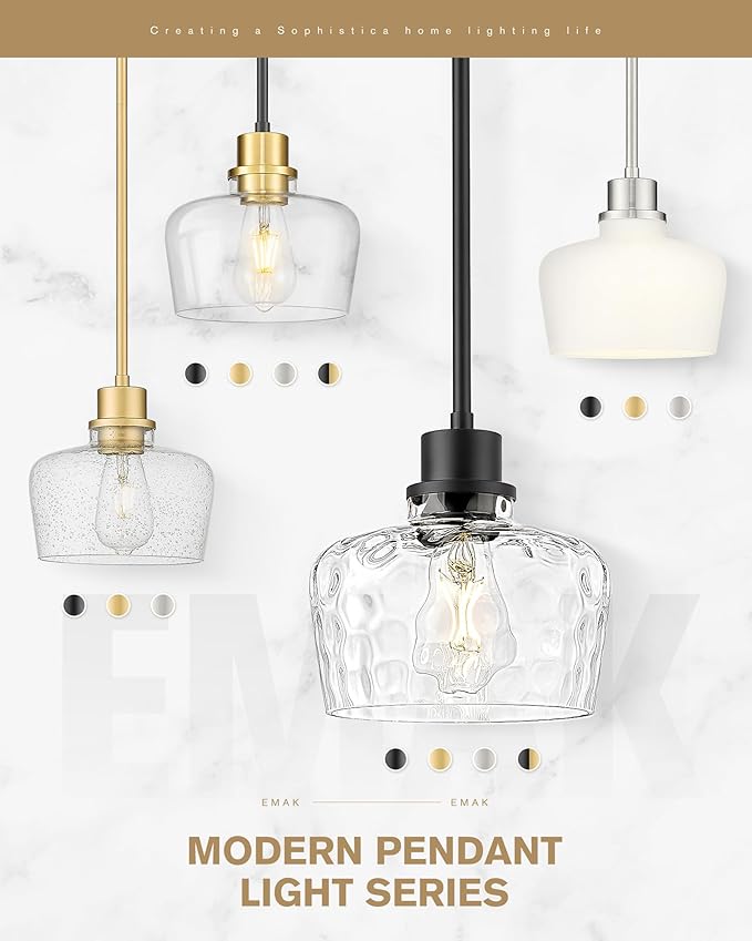 Emak Modern 8 Inch Pendant Lights Kitchen Island, Black and Gold Pendant Light Fixtures with Hammered Glass Shade, Farmhouse Island Lights for Kitchen, Dining Room, Bathroom, PL122-BKBGD-HG