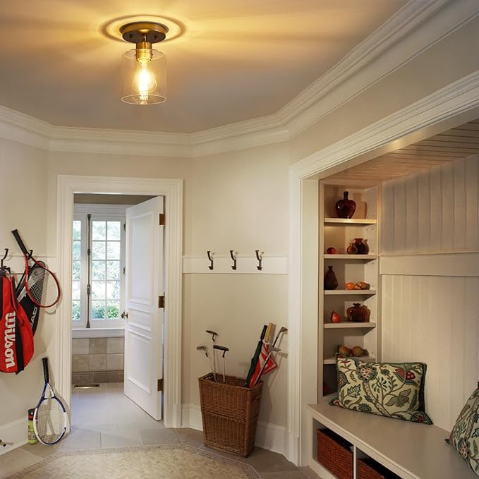 YYT Brushed Nickel 1-Light Semi Flush Mount Ceiling Light Fixtures Small Kitchen Ceiling Lights with Clear Glass Shade for Hallway Entryway Closet Bedroom Bathroom (Pack of 3)