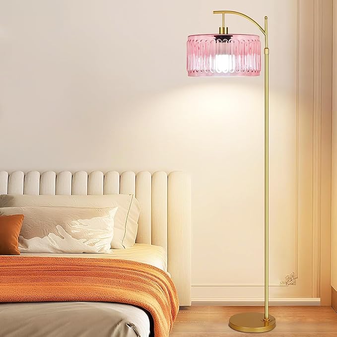 QIYIZM Pink Floor Lamp for Living Room,Bedroom,Gold Dimmable Standing Lamp with Remote,Mid Century Modern Brass Tall Lamp Boho Floor Lamps Arc Stained Glass Flower Floor Light Lamp Girls kids Bohemian