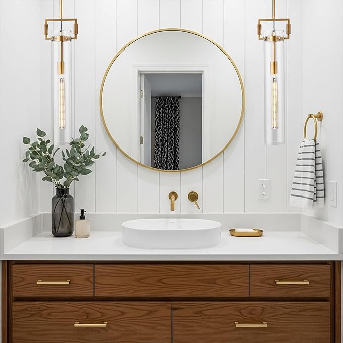 Brass Pendant Light Glass for Kitchen Island 1Pack , Gold Pendant Lights, Adjustable Hanging Chandelier with Glass Shade Modern Pendant Light Fixture for Farmhouse, Dining Room E26 Bulb Included