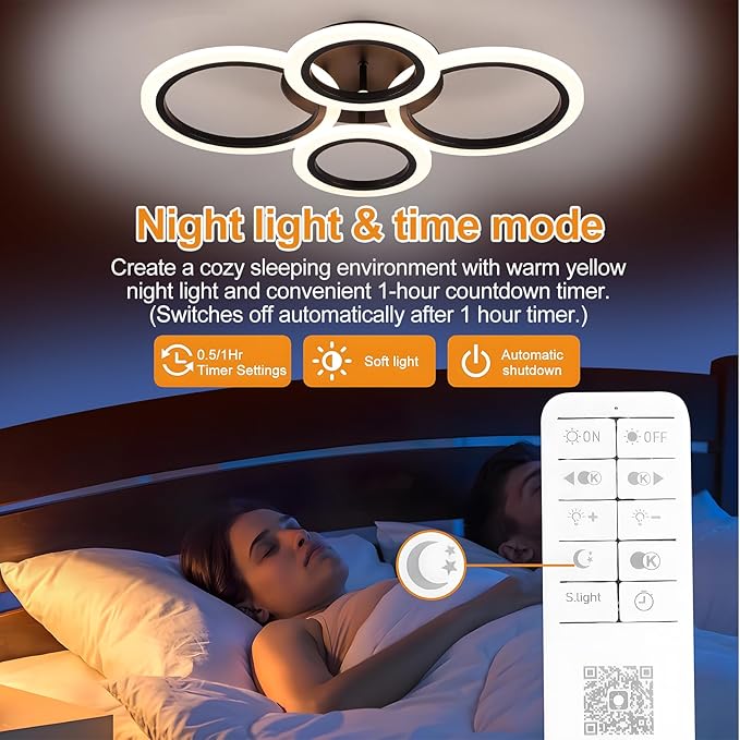 Modern Ceiling Lights 24" 40W, Dimmable Kitchen Lighting Fixtures Ceiling, 3000-6500K Light Fixture Ceiling Mount with Remote Control, Black 4 Ring LED Ceiling Light for Bedroom