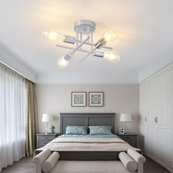 EGM Chrome Semi Flush Mount Ceiling Lights, 4-Light Modern Kitchen Ceiling Light Fixture with E26 Bulb Base, Industrial Sputnik Chandelier for Dining Room Foyer Bedroom Office (1 Pack)