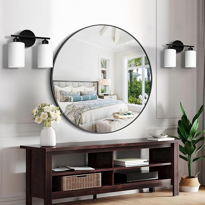 2-Light Bathroom Light Fixtures, Black Modern Vanity Lights with Milky White Frosted Glass Shades, Wall Sconce Light for Bedroom, Living Room and Hallway, 2-Pack