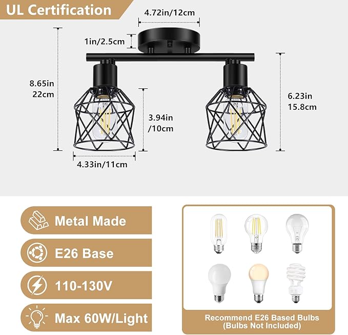 2-Lights Kitchen Light Fixtures Ceiling Mount, Adjustable Semi Flush Mount Ceiling Light with Metal Wire Cage, Vintage Track Spotlight Ceiling Fixtures for Dining Room, Farmhouse, Entryway