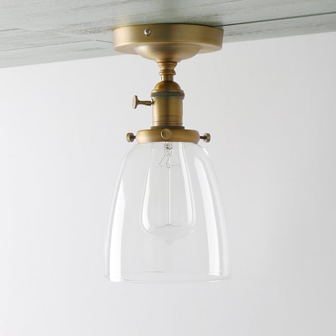 PERMO Modern Small Semi Flush Mount Ceiling Pendant Light Glass Ceiling Lights Hallway Fixtures with Flate Ribbed Glass Lampshade, 1-Light (Antique, 292)