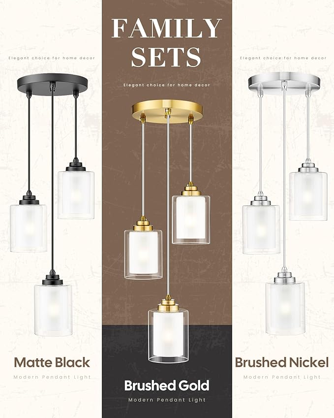 TENGXIN 3 Light Pendant Light,Matte Black Modern Pendant Light for Kitchen Island,Hanging Light with Dual Glass Shade,Farmhouse Pendant Lights for Dining Room,Bedroom,TXPLBK04