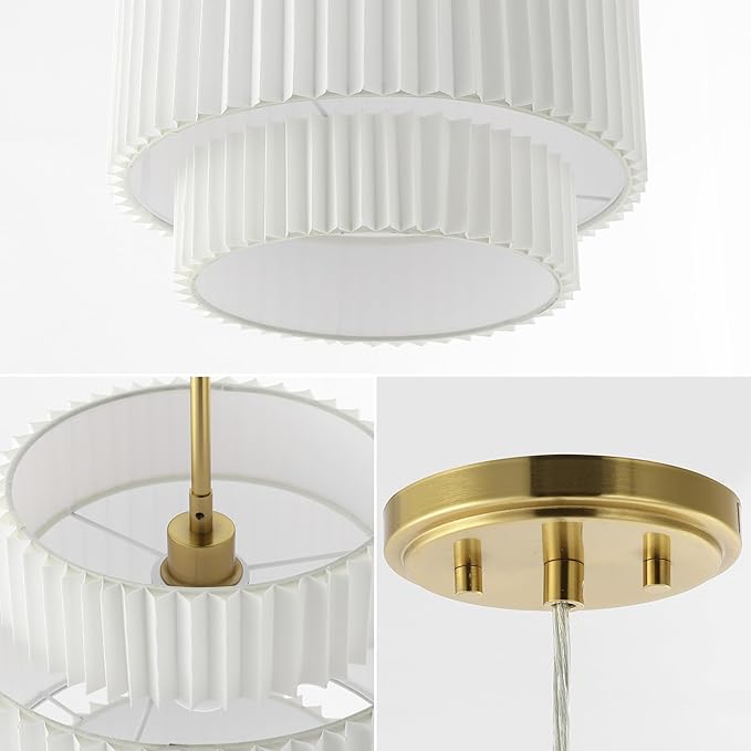 JONATHAN Y 14.5" Brass Gold and White 1-Light Iron Pendant Light, Vintage Mid-Century Modern with Pleated Linen Shade, Adjustable Height for Kitchen, LED Bulb Included JYL2408A