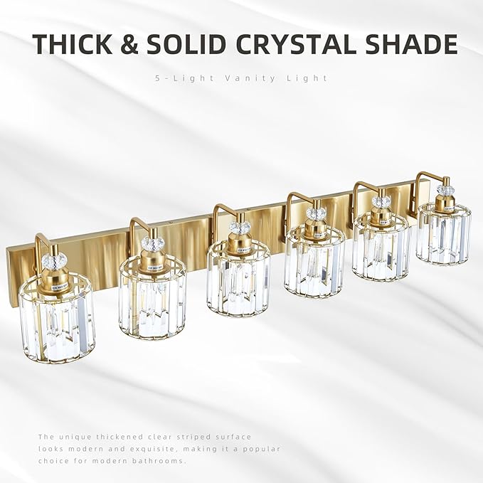 6-Light Modern Vanity Lights Brushed Brass Bathroom Light Fixtures Over Mirror Gold Bathroom Vanity Lighting with Crystal Shade E26 Base Wall Sconce for Bedroom Living Room Restroom Wall Lamp