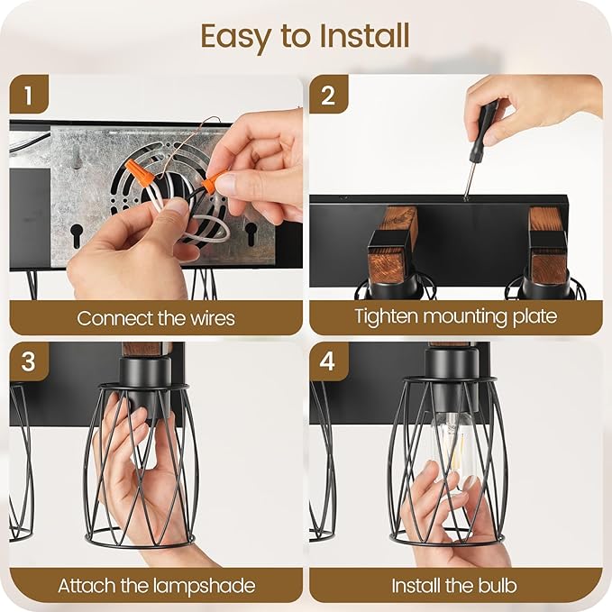 Industrial Farmhouse Bathroom Vanity Light, 3-Light Wood and Metal Wall Light Fixture, E26 Bulbs Not Included, for Bathroom, Vanity, Hallway, Black and Rustic Brown B19BD05