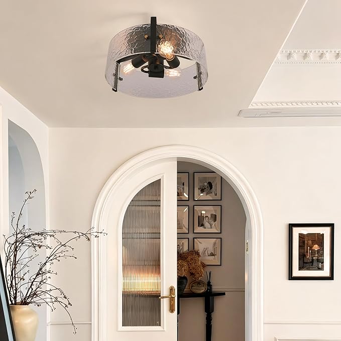 15'' Modern Black Semi Flush Mount Ceiling Light Fixtures, 3-Light Glass Ceiling Mount Light Fixtures, Close to Ceiling Light Fixtures for Kitchen Foyer Entryway Bedroom Hallway Laundry