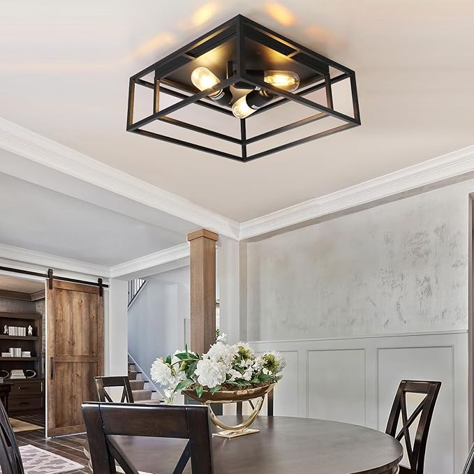 HuisMier Black Flush Mount Ceiling Light Fixture, 3-Lights Industrial Metal Close to Ceiling Lights, Farmhouse Kitchen Light Fixtures for Dining Room Bedroom Entryway Hallway