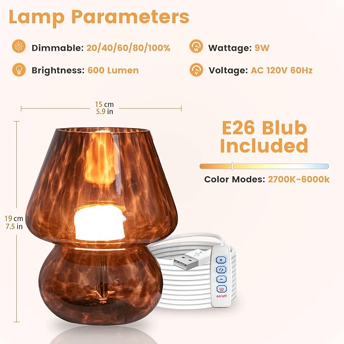 ULAROOM USB Plug-in Vintage Mushroom Lamp Small Bedside Table Lamp with 3 Temperature LED Bulb,Free Dimming Nights Light for Bedroom/Living Room/Entryway/Corner Decor New Home Gift (Golden Amber)