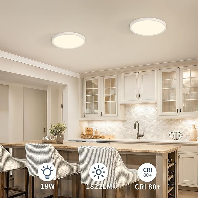 8.6 Inch 6PK LED Flush Mount Ceiling Light, ETL,18W, 1822LM, 3000K/3500K/4000K/5000K/6500K CCT Selectable, 0.66in Ultra Thin Round Flat Panel Ceiling Light Fixture for Bedroom, Kitchen (White)