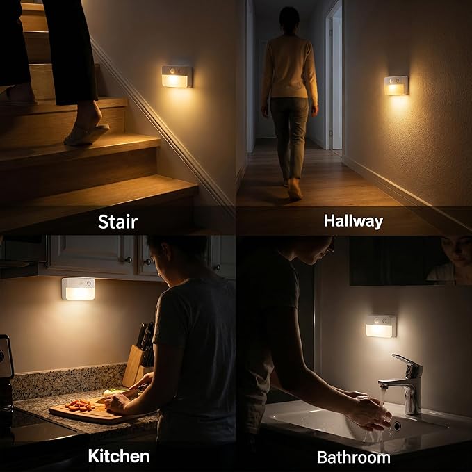 3 Pack Rechargeable Motion Sensor Stair Lights for Indoor, Wireless RGB Battery Operated Night Light, Magnetic Led Stick On Portable Lamp for Step Hallway Closet Under Cabinet Bedroom Kitchen Bathroom