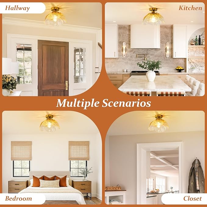 Vintage Semi Flush Mount Ceiling Light,Bronze Ceiling Light Fixtures with Gradient Amber Handmade Leaf Glass for Bedroom,Kitchen,Hallway,Entryway