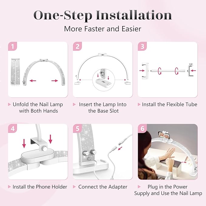 LIONVISON Half Moon Light for Nail Desk: 31-inch Manicure Table Light with Phone Holder for Beginner DIY - 48W Professional Half Moon Lamp for Nail Tech,Eyelash,Makeup,Tattoo