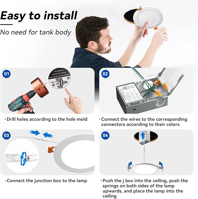 CHARKEE 12 Pack 6 Inch 5CCT Ultra-Thin LED Recessed Ceiling Light with Junction Box, 2700K/3000K/3500K/4000K/5000K, 1050LM, 12W Equivalent to110W, Dimmable Canless Downlights, ETL & Energy Star & FCC