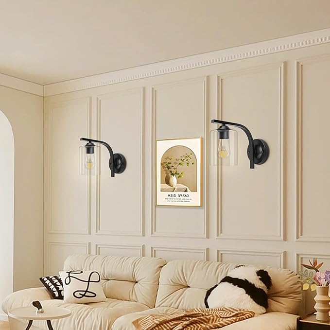 CANMEIJIA Wall Sconce 1 Light, Modern Wall Lighting Fixture, Bathroom Vanity Lights with Matte Black Wall Lamp for Bedroom Kitchen Hallway Porch, Clear Glass Shade, E26 Socket, Bulbs Not Included