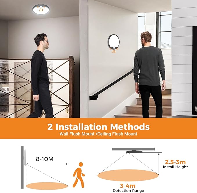 slochi 2Pack Motion Sensor Light Indoor Wired PIR, 3000K/4000K/6500K Closet Lights Motion Sensored, 15W 1500LM 7 in, Timer, Motion Activated Flush Mount Ceiling Light for Hallway Wall Pantry, Black