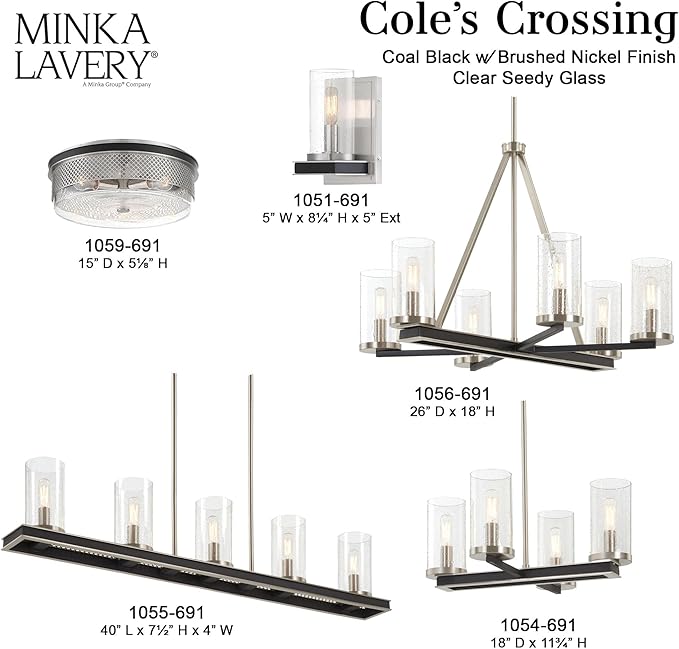 Minka Lavery 1055-691 Cole's Crossing Island Chandelier, 5-Light, 300 Total Watts, 40-in H x 7.5-in W, Coal Black with Brushed Nickel