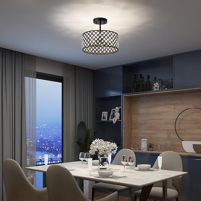 Black Crystal Ceiling Light Fixture,Modern Semi Flush Mount Ceiling Lighting Fixture,Round Small Chandelier for Dining Room, Hallway, Entryway, Kitchen, Bedroom,Foyer,3 Light,12 inch