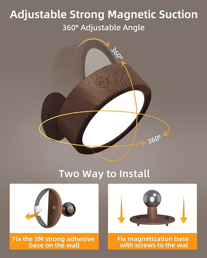 EZVALO LED Wall Mounted Light, 3000mAh Rechargeable Cordless Wall Sconce, Dimmable with Remote & Touch Control, 3 Color Temps, 360° Rotatable for Bedroom, Bedside, Reading(Walnut, 3Pack)