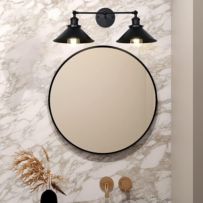 2 Lights Bathroom Vanity Light Fixture, Industrial Pipe Vintage Matte Black Metal Shade Farmhouse Wall Sconces Lighting