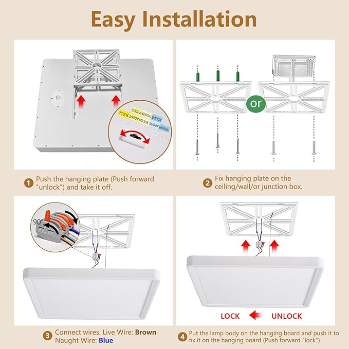 2PK 16 Inch Square LED Flush Mount Ceiling Light, 40W, 4000LM 3000K/4000K/6000K CCT Selectable, White Square LED Flat Panel Ceiling Light Fixture for Bedroom,Kitchen,Living Room