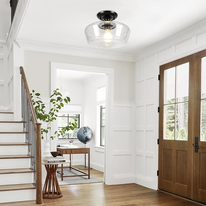 Schoolhouse Style Light Fixture, 12" Black Semi Flush Mount Ceiling Light with Seeded Glass Globe, Close to Ceiling Lights for Kitchen, Hallway, Entryway