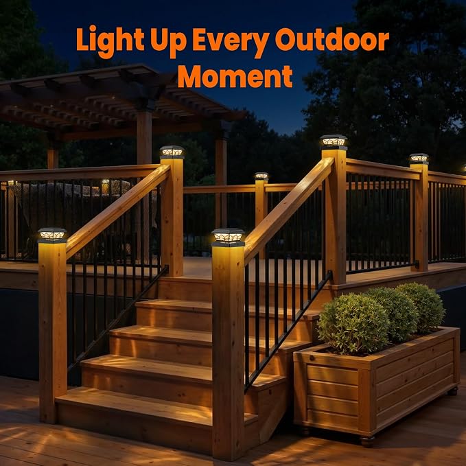 Brightever 4x4 3.5x3.5 Solar Post Cap Lights, 4-Pack Solar Powered Fence Post Light Outdoor Waterproof for Vinyl/Wooden Post, 2 Modes(Warm/Cool Light), Black Solar Deck Post Lights for Patio, Porch