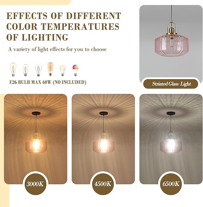 11.8in Mid Century Modern Pink Glass Pendant Light Fixture, Large Gold Kitchen Island Pendants Light Glass Ceiling Hanging Lamp for Foyer Dining Room Bedroom Entryway Hallway Over Sink