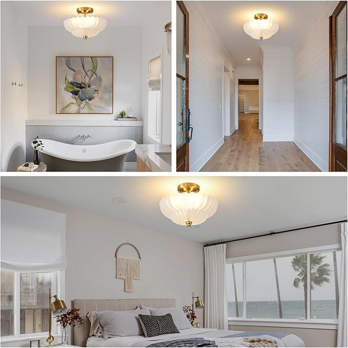 Semi Flush Mount Ceiling Light, 11.8 Inch Gold Vintage Hallway Light Fixture with Frosted Glass, Close to Ceiling Light for Bedroom Kitchen Living Room Bathroom Foyer, E26 Base
