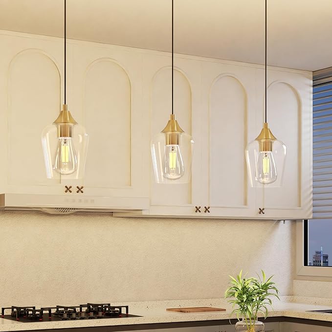 VONLUCE Pendant Lights Kitchen Island, Brushed Gold Pendant Light Fixtures with E26 Base & Adjustable Cable, Modern Pendant Lighting with Glass Shade for Living Room Bedroom Hallway, 3 Packs