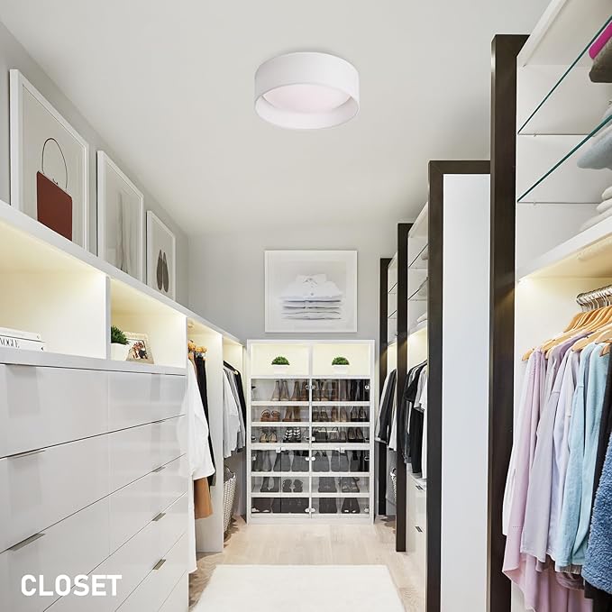 CALOKES 13" White Fabric Flush Mount Ceiling Light, 24W 3000K LED Closed to Ceiling Light Fixture with Classic Linen Drum Design for Bedrooms, Kitchen, Dining Room, Hallway